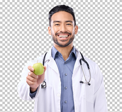 Buy stock photo Healthcare, happy and portrait of a male doctor with an apple for a health and wellness diet. Success, nutritionist and man medical worker with a green fruit isolated by a transparent png background.