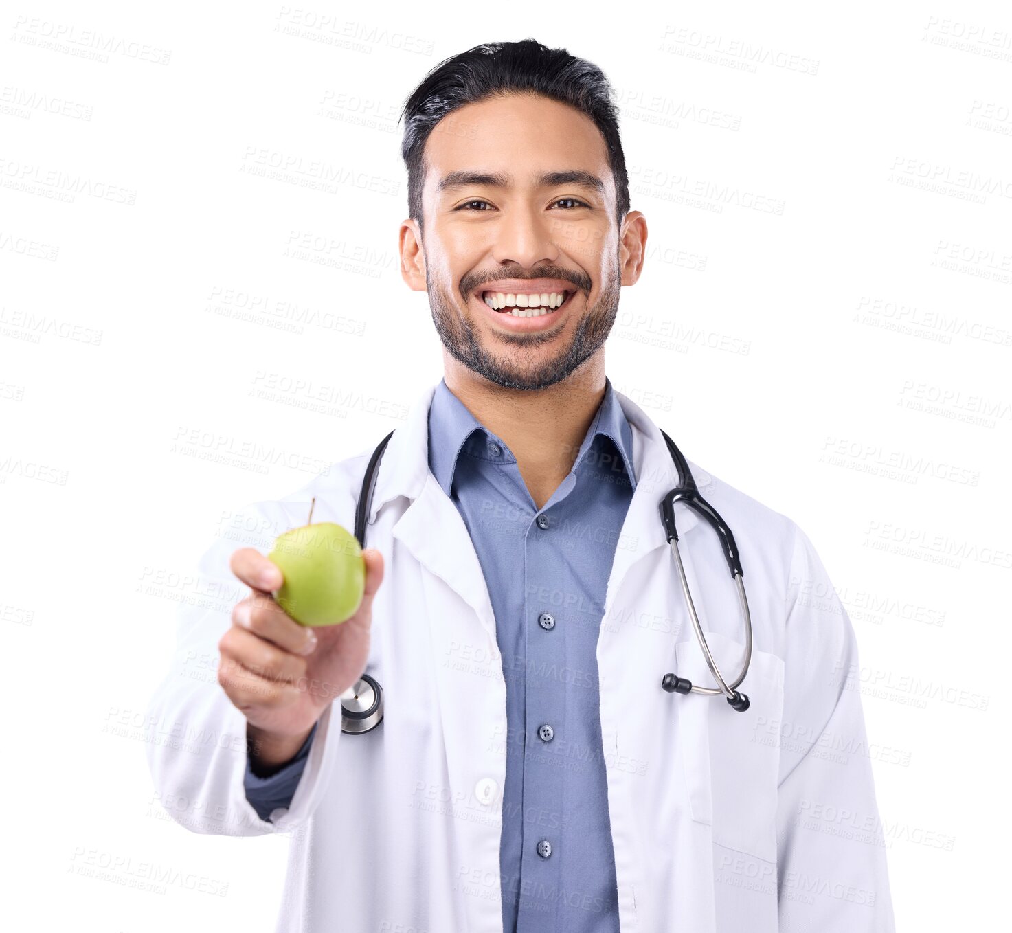 Buy stock photo Healthcare, happy and portrait of a male doctor with an apple for a health and wellness diet. Success, nutritionist and man medical worker with a green fruit isolated by a transparent png background.