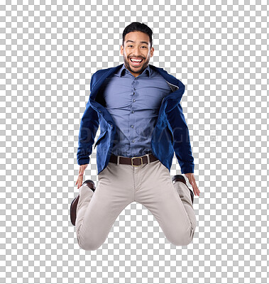 Jump, excited and portrait of man in studio with surprise, happiness and celebration on white background. Winner, success mockup and isolated happy male jumping with energy for winning, smile and joy