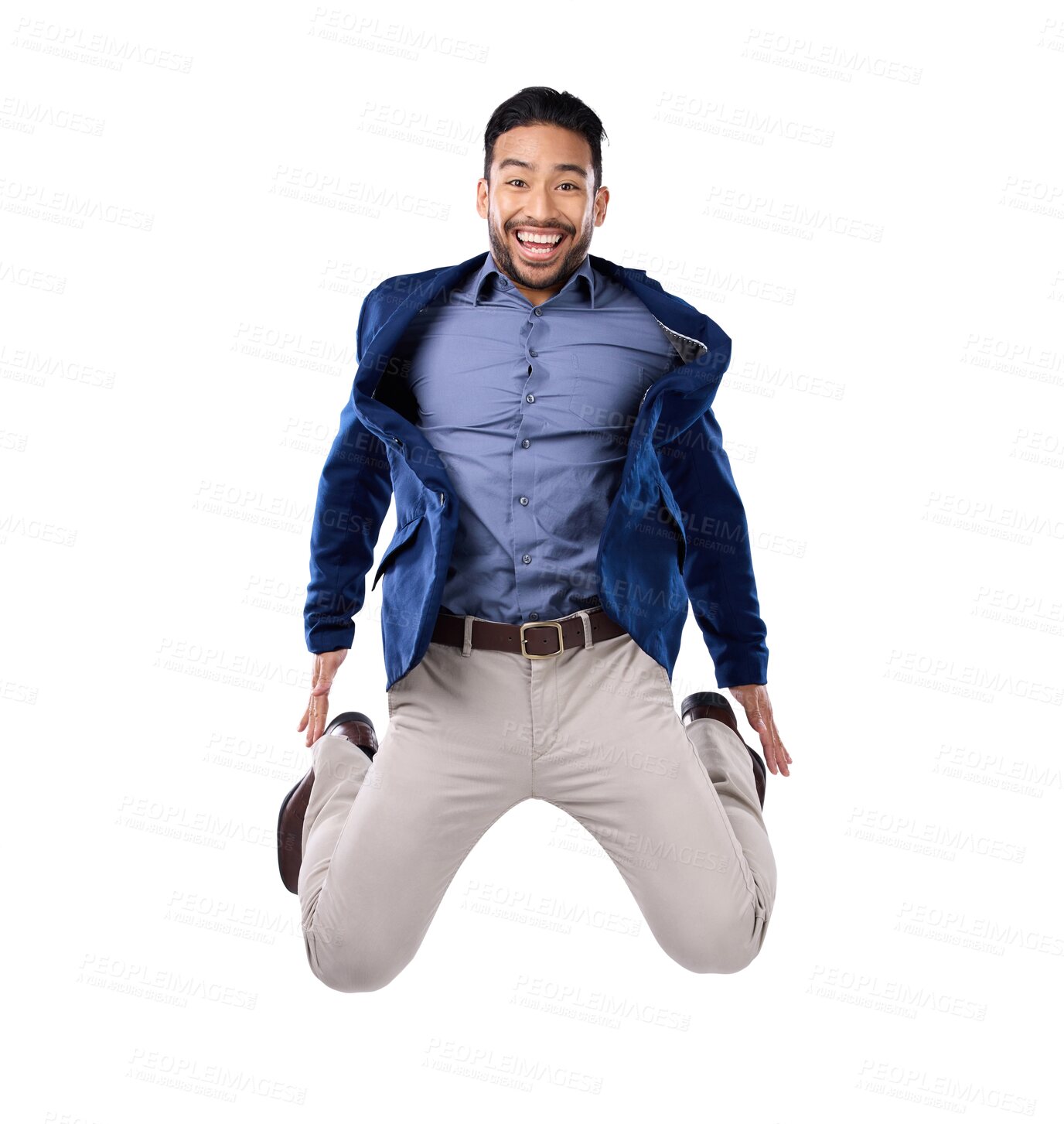 Buy stock photo Portrait, energy and a business man jumping isolated on a transparent background in celebration of achievement. Success, motivation and winner with an excited male employee in a corporate suit on PNG