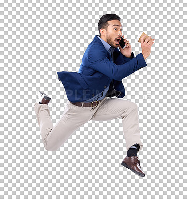 Buy stock photo Phone call, late and a business man rush with coffee to appointment. Shocked, jump and worried asian person in hurry or fast for schedule and time management isolated on a transparent, png background