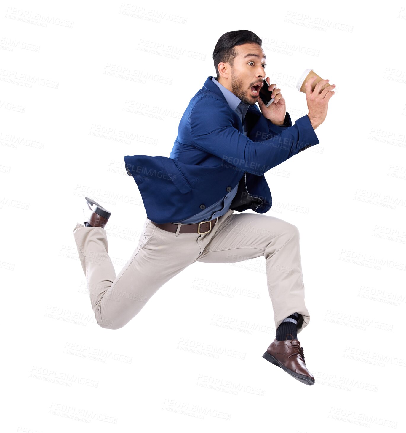 Buy stock photo Phone call, late and a business man rush with coffee to appointment. Shocked, jump and worried asian person in hurry or fast for schedule and time management isolated on a transparent, png background