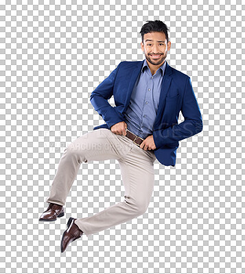 Buy stock photo Portrait, success and jump with a business man isolated on a transparent background in celebration of achievement. Freedom, energy and winner with an excited male employee in a corporate suit on PNG