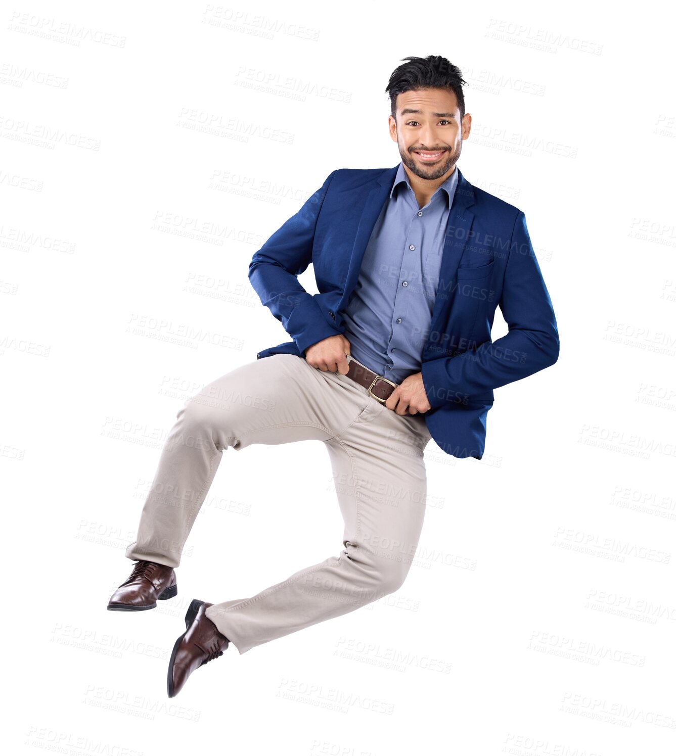 Buy stock photo Portrait, success and jump with a business man isolated on a transparent background in celebration of achievement. Freedom, energy and winner with an excited male employee in a corporate suit on PNG