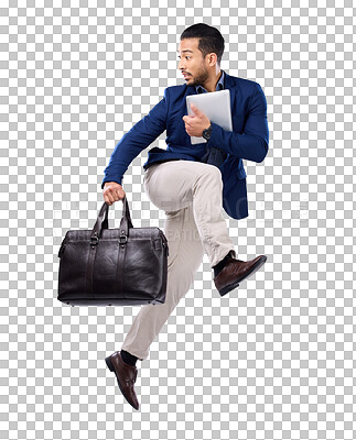 Buy stock photo Isolated business man, case and jump with speed, late for work and run by transparent png background. Young businessman, travel bag and running fast for job, deadline and worry in rush to workplace