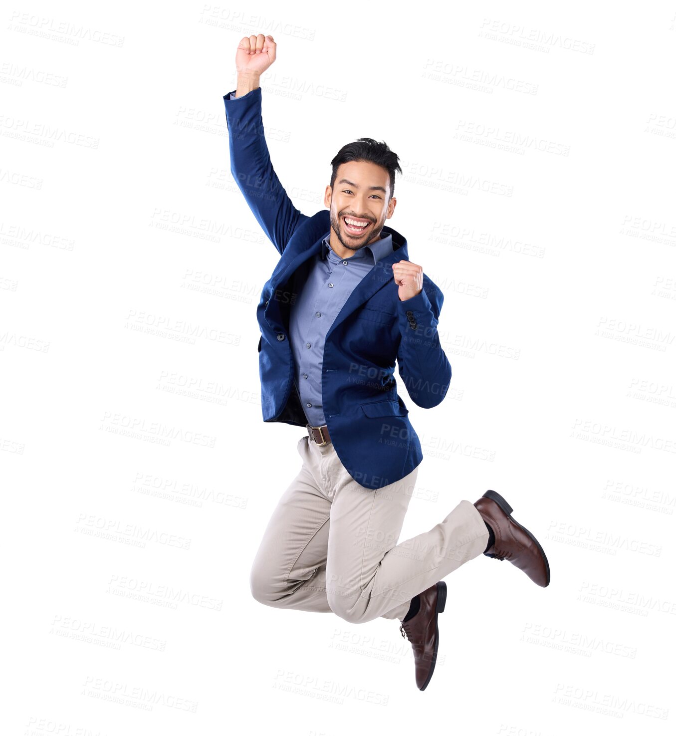 Buy stock photo Portrait, success and a business man jumping isolated on a transparent background in celebration of achievement. Freedom, motivation and energy with a winner male employee in a corporate suit on PNG