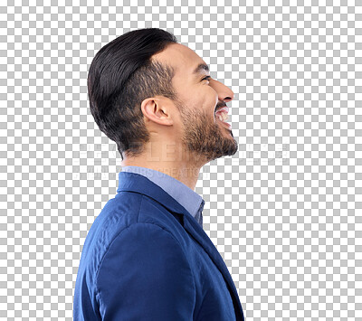 Buy stock photo Happy, profile and vision with a business man isolated on a transparent png background looking to the future with motivation. Side, excited and thinking with a male professional feeling confident.