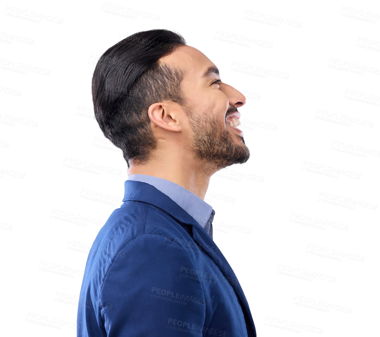 Buy stock photo Happy, profile and vision with a business man isolated on a transparent png background looking to the future with motivation. Side, excited and thinking with a male professional feeling confident.