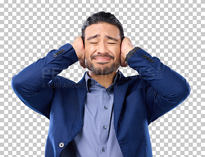 Buy stock photo Stress, anxiety and fear with a business man isolated on a transparent background to cover his ears. Mental health, burnout or frustration with a young male employee blocking sound or noise on PNG