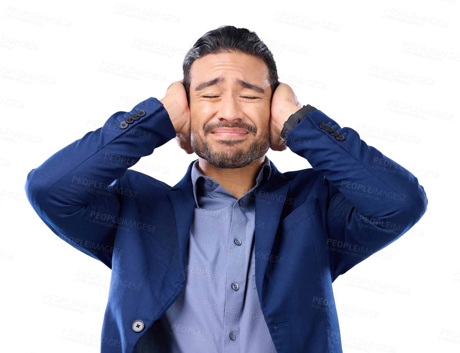 Buy stock photo Stress, anxiety and fear with a business man isolated on a transparent background to cover his ears. Mental health, burnout or frustration with a young male employee blocking sound or noise on PNG