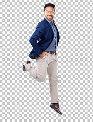 Jump, happy and portrait of man in studio with positive mindset, happiness and joy on white background. Winner, success mockup and isolated male jumping with smile for energy, freedom and confidence