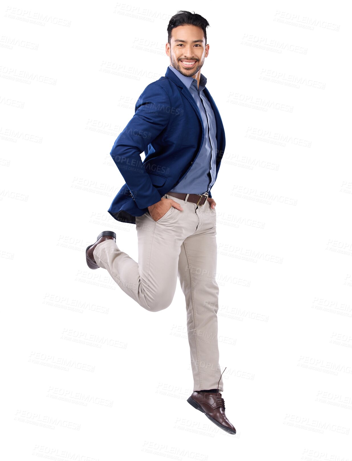 Buy stock photo Portrait, business and man excited, jump and positive mindset isolated against a transparent background. Male person, entrepreneur and winner with happiness, energy and jumping with png and success