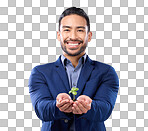 Portrait of plant in man hands isolated on white background sustainability for business growth or eco friendly investment. Sapling soil in Asian person palm for sustainable, green startup in studio