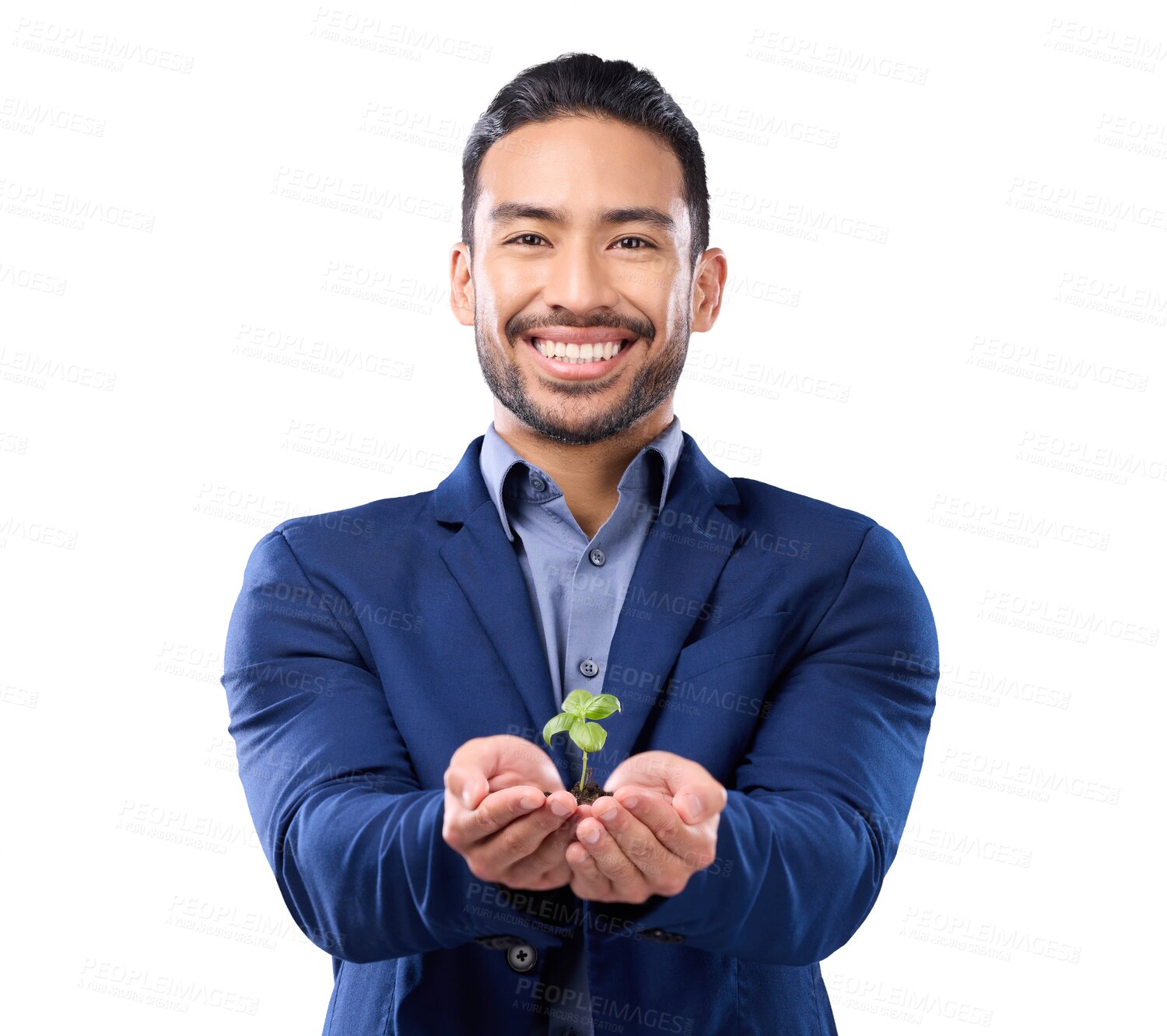 Buy stock photo Portrait, ecology and business man, plant in hands with growth and investment isolated on transparent png background. Sustainability, eco friendly and male employee with agro company development