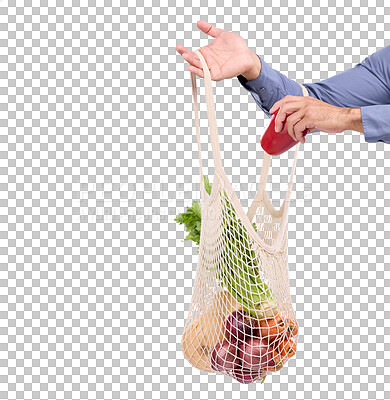 Buy stock photo Shopping, vegetables in bag and hands with healthy food, retail and customer isolated on transparent png background. Supermarket, grocery and sale, person with organic product and vegan with service