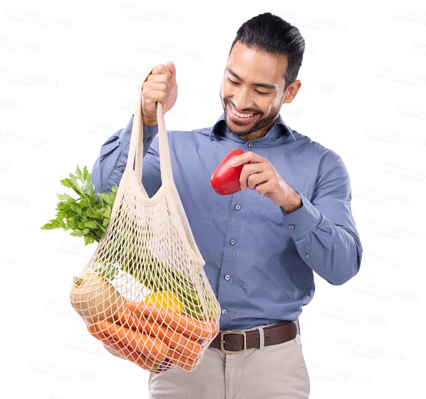 Buy stock photo Isolated businessman, shopping bag and vegetables on sale, smile and sustainable food by transparent png background. Young business man, grocery and vegetable discount for health, nutrition and diet