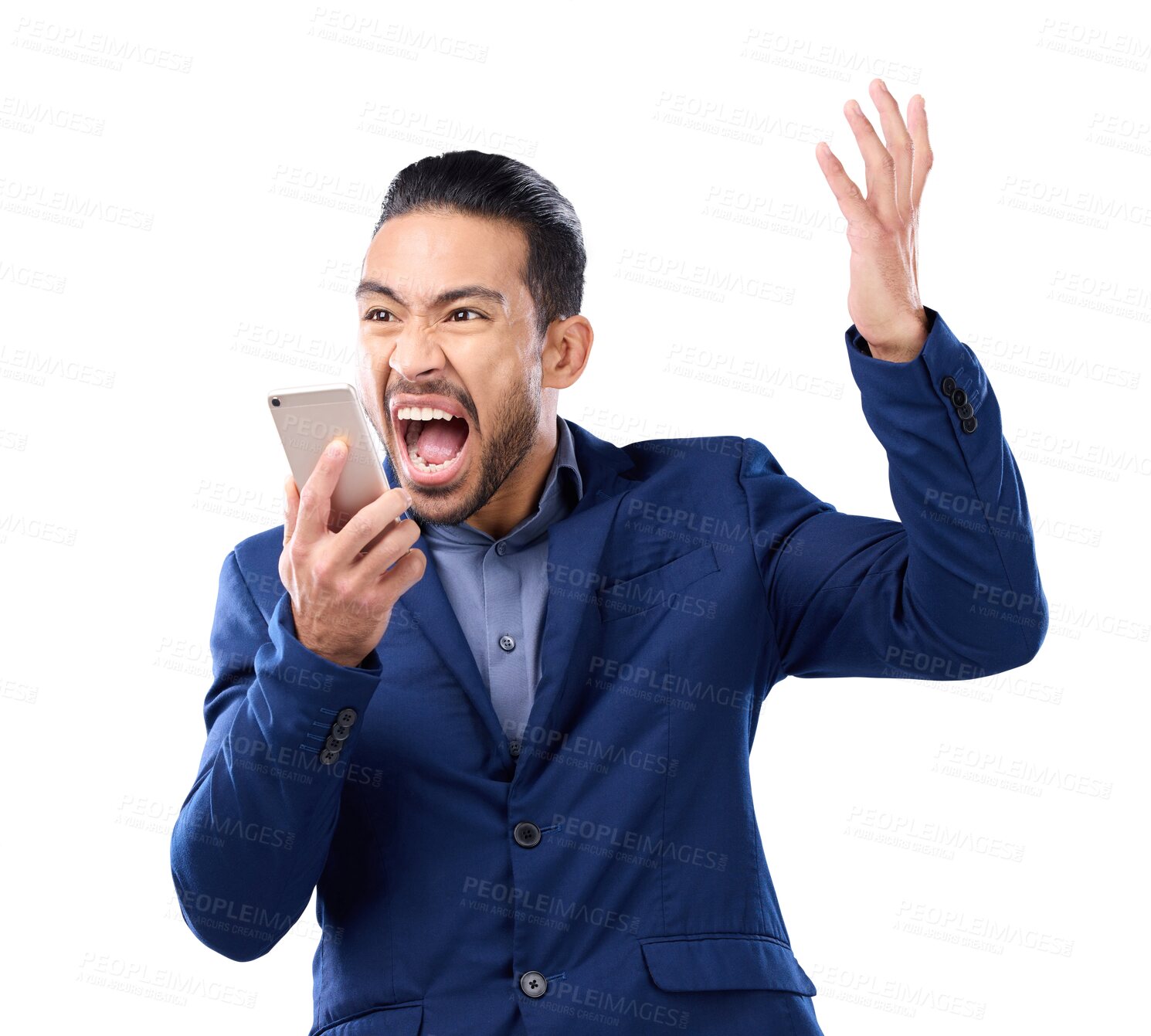 Buy stock photo Man, angry and screaming at mobile phone with communication in png or isolated and transparent background. Problem, professional male and annoyed with bad news, failure and difficult service.