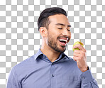 Hungry, eating and an Asian man with an apple isolated on a white background in a studio. Health, food and a Japanese male with fruit for nutrition, diet or hunger during lunch on a backdrop