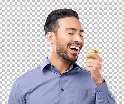 Buy stock photo Man, eating apple and healthy food with fruit, nutrition and diet isolated on transparent png background. Lose weight, health and male person with vegan life, organic snack and hungry with wellness