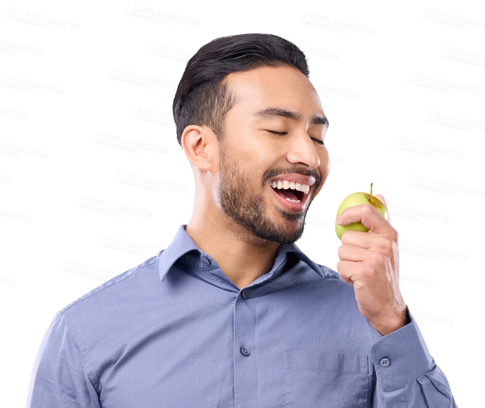 Buy stock photo Man, eating apple and healthy food with fruit, nutrition and diet isolated on transparent png background. Lose weight, health and male person with vegan life, organic snack and hungry with wellness