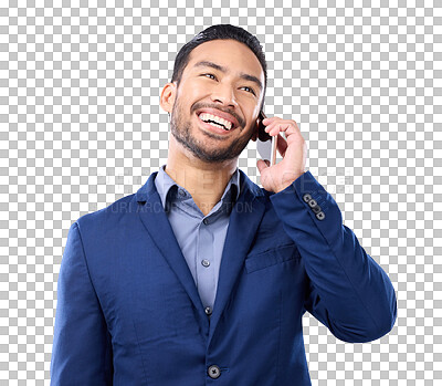 Buy stock photo Business man, phone call and laughing for communication, connection or conversation. Happy asian businessman talking on smartphone for networking or deal isolated on a transparent, png background