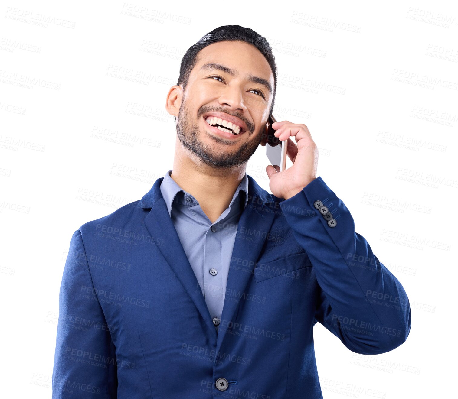 Buy stock photo Business man, phone call and laughing for communication, connection or conversation. Happy asian businessman talking on smartphone for networking or deal isolated on a transparent, png background