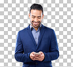 Asian man, business and phone in studio for communication and ne