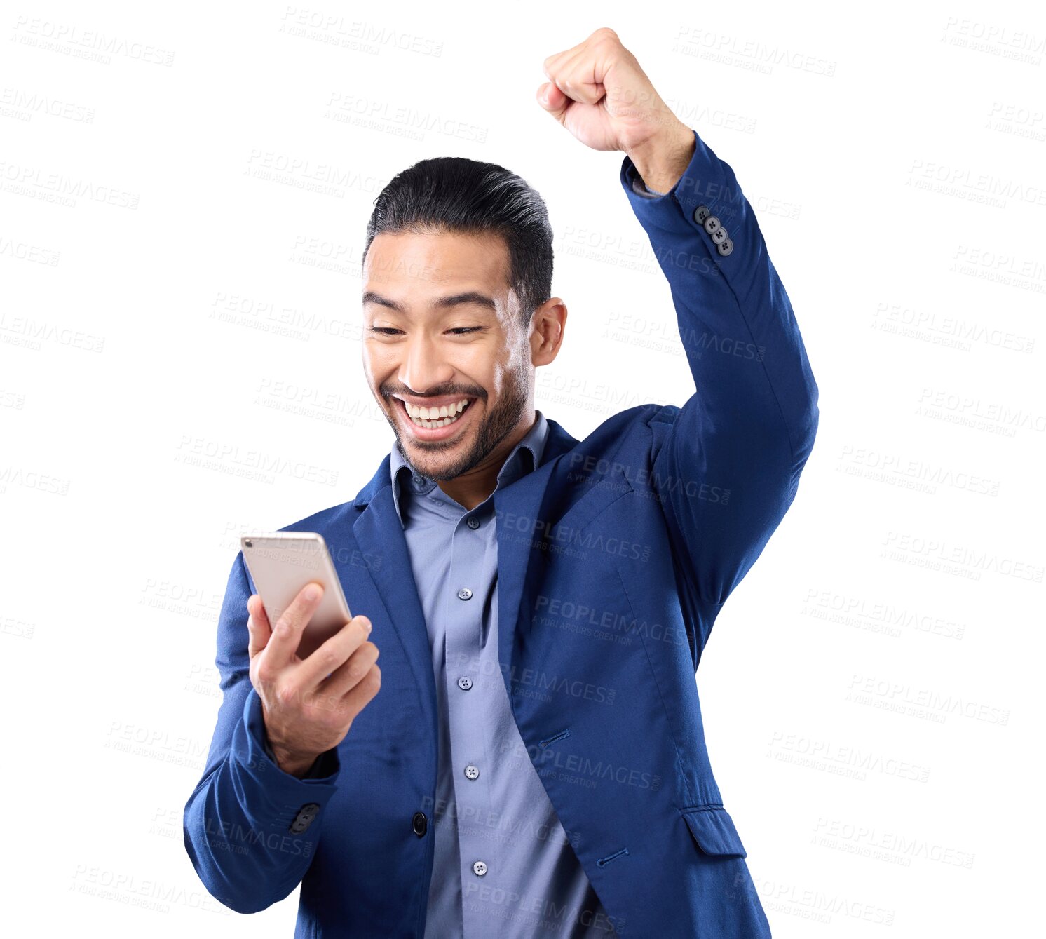 Buy stock photo Winner, phone and business man success, yes or celebration of profit, sales and news, power or opportunity. Happy, excited asian person winning, fist and mobile isolated on transparent png background