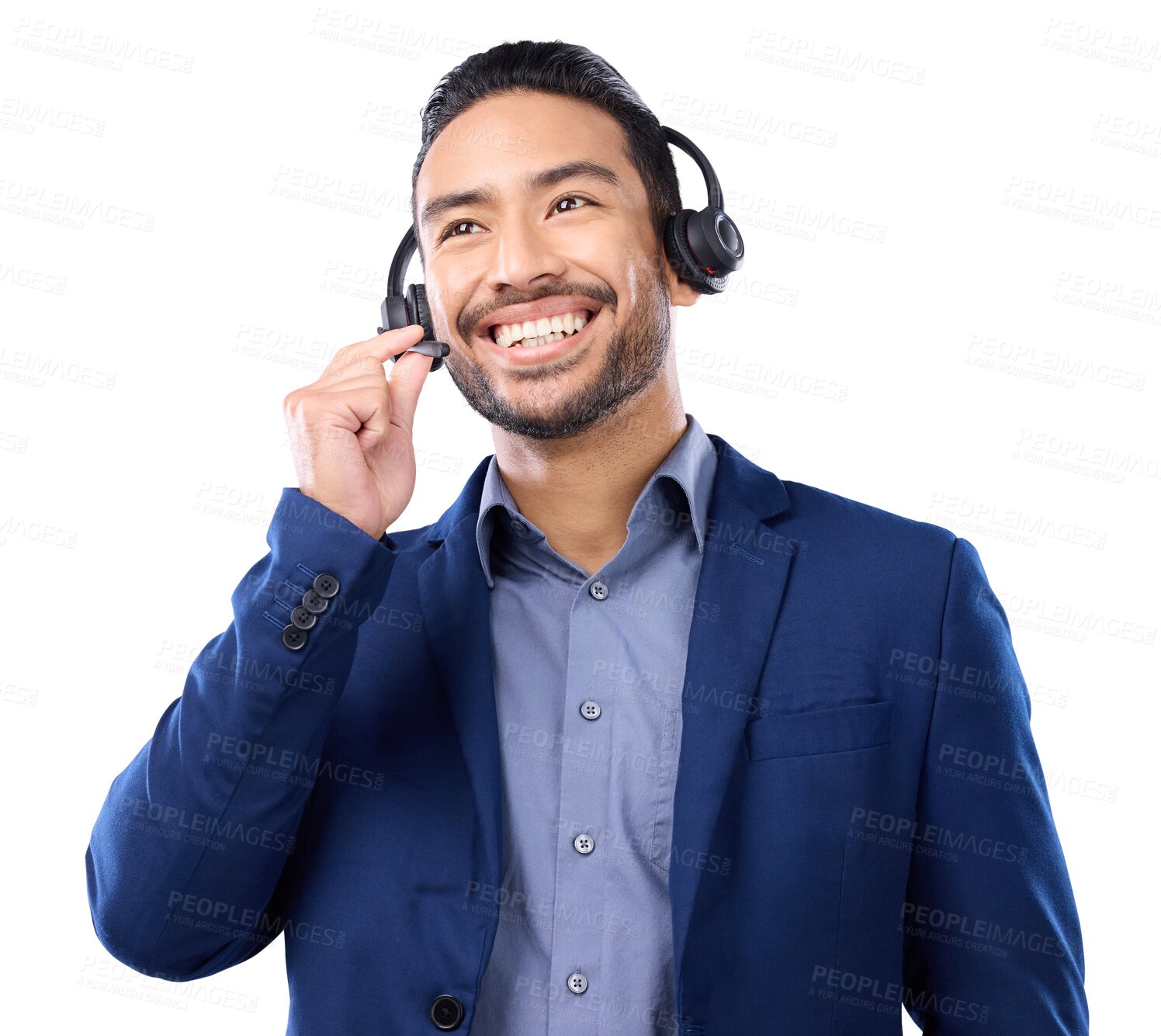 Buy stock photo Call center, talking and business man, agent or consultant in virtual communication, customer support or contact. Solution, idea or advice of happy asian person isolated on transparent png background