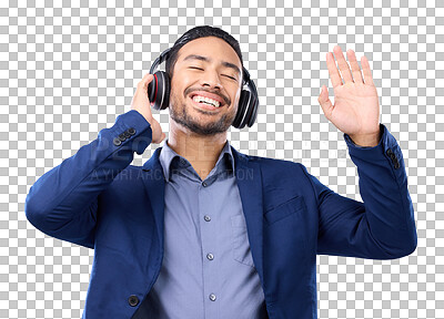 Business man, headphones and dancing on studio background for ha
