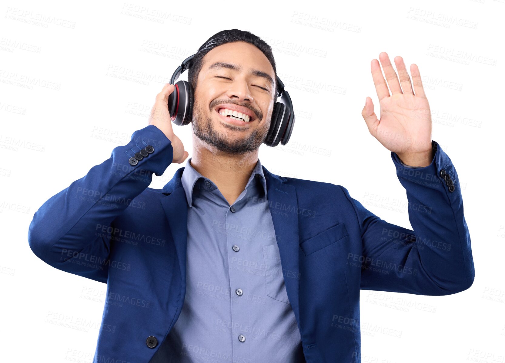 Buy stock photo Headphones, dance and business man isolated on transparent png background for audio streaming service. Music, dancing  and happy or excited asian person listening to podcast for mental health