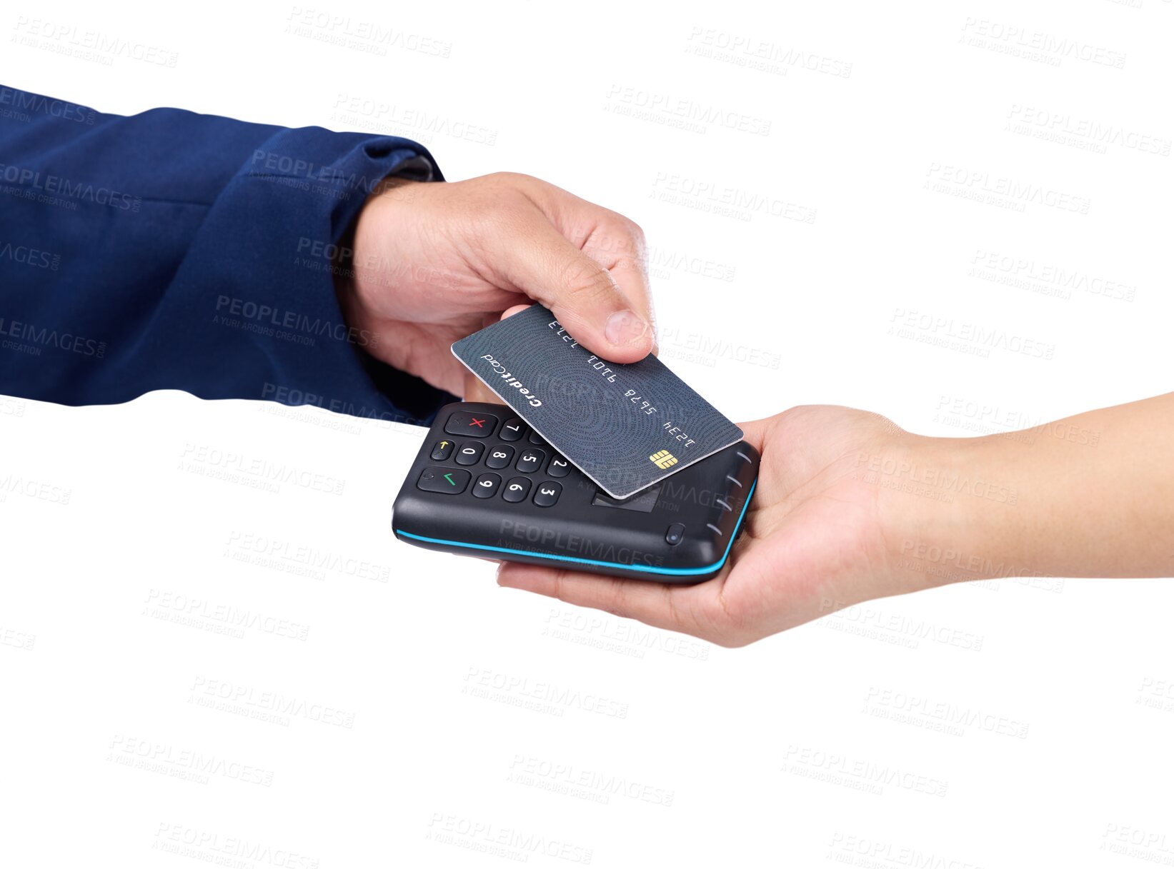 Buy stock photo Isolated hands, machine and credit card for pos payment, sales and fintech by transparent png background. Customer experience, shopping and digital purchase with budget, finance or banking at store