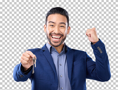 Buy stock photo Portrait, motivation and keys with a realtor man isolated on a transparent background for real estate. Success, property and investment with the fist of a male salesman or agent cheering on PNG