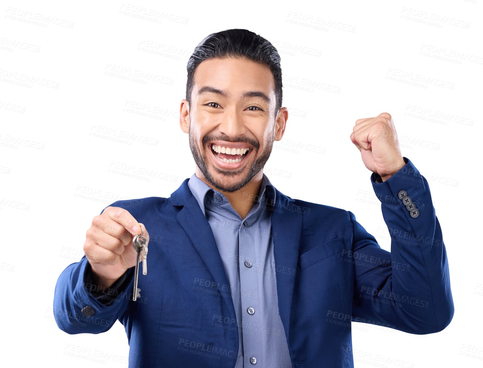 Buy stock photo Portrait, motivation and keys with a realtor man isolated on a transparent background for real estate. Success, property and investment with the fist of a male salesman or agent cheering on PNG