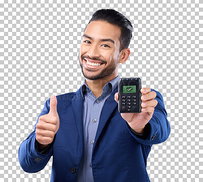 Buy stock photo Business man, pos and thumbs up in portrait, isolated and smile by transparent png background. Businessman, payment machine and hand sign for review, opinion and yes for fintech security at company