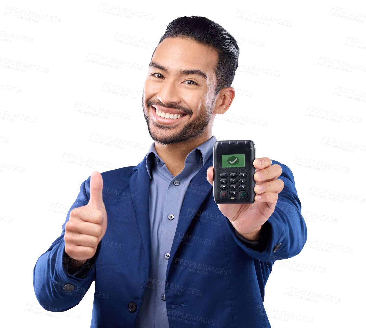 Buy stock photo Business man, pos and thumbs up in portrait, isolated and smile by transparent png background. Businessman, payment machine and hand sign for review, opinion and yes for fintech security at company