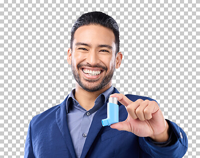 Buy stock photo Happy man, asthma and health with medicine and pump, portrait and prescription isolated on transparent png background. Breathing problem, sick lungs and healthcare, male professional with inhaler