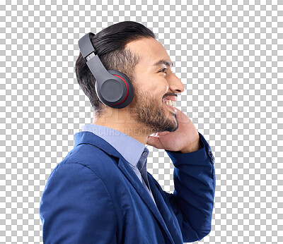 Buy stock photo Headphones, music and business man thinking isolated on transparent png background on audio streaming service. Happy profile of corporate person listening to podcast subscription, inspiration or idea