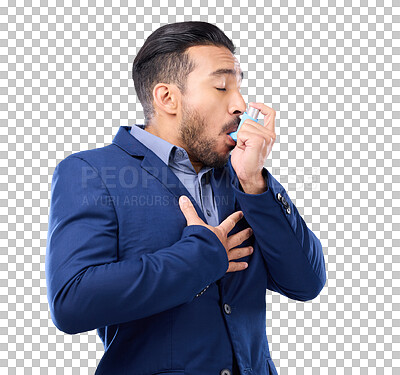 Buy stock photo Business, breathe and man with asthma pump, medical health risk and guy isolated on a transparent background. Male person, agent or employee with cough treatment, inhaler for lungs or oxygen with png