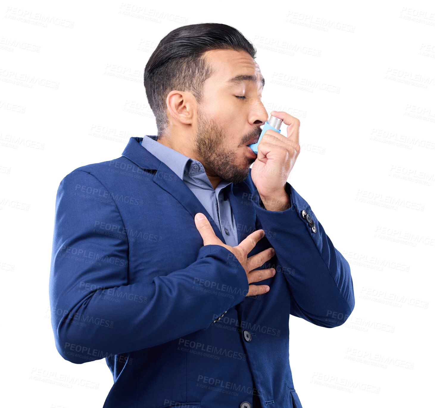 Buy stock photo Business, breathe and man with asthma pump, medical health risk and guy isolated on a transparent background. Male person, agent or employee with cough treatment, inhaler for lungs or oxygen with png