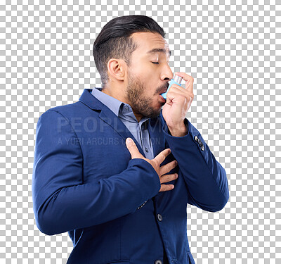 Business man breathe asthma pump in studio, medical health risk