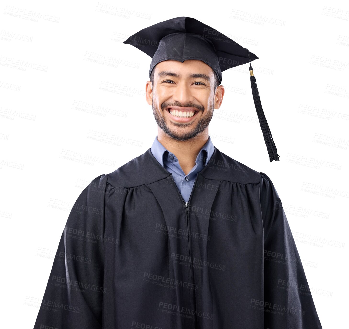 Buy stock photo Portrait, smile and graduation of Asian man isolated on a transparent png background. Face, graduate and happy university student from Singapore with college success, education achievement and goal.