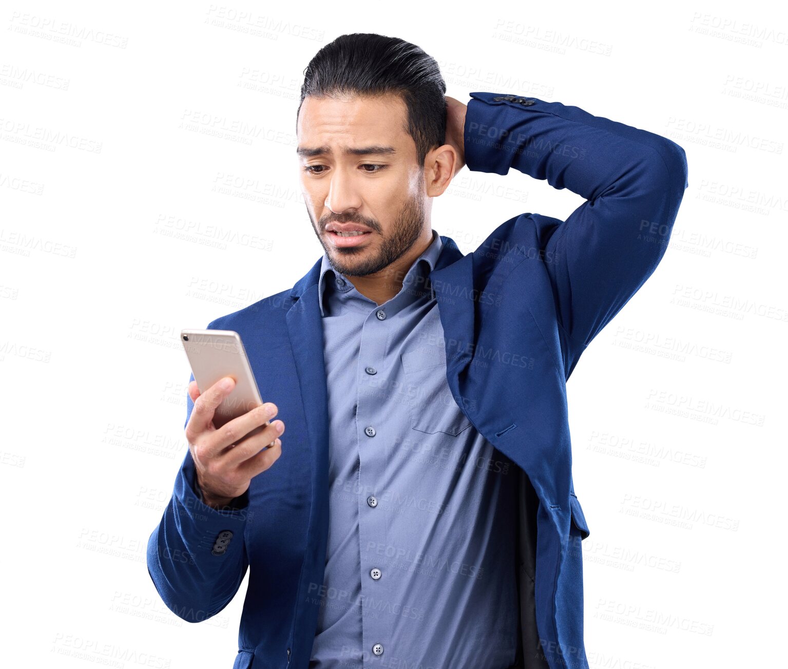 Buy stock photo Stress, phone and business man confused for stock market, trading mistake or sales error. Scam, wrong email or corporate person reading online problem or debt isolated on transparent, png background