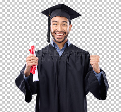 Buy stock photo Isolated man, graduation portrait and celebration with fist, certificate and transparent png background. Young college student, graduate and excited smile with diploma, success and achievement