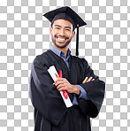 Graduation man, diploma and arms crossed in studio portrait with