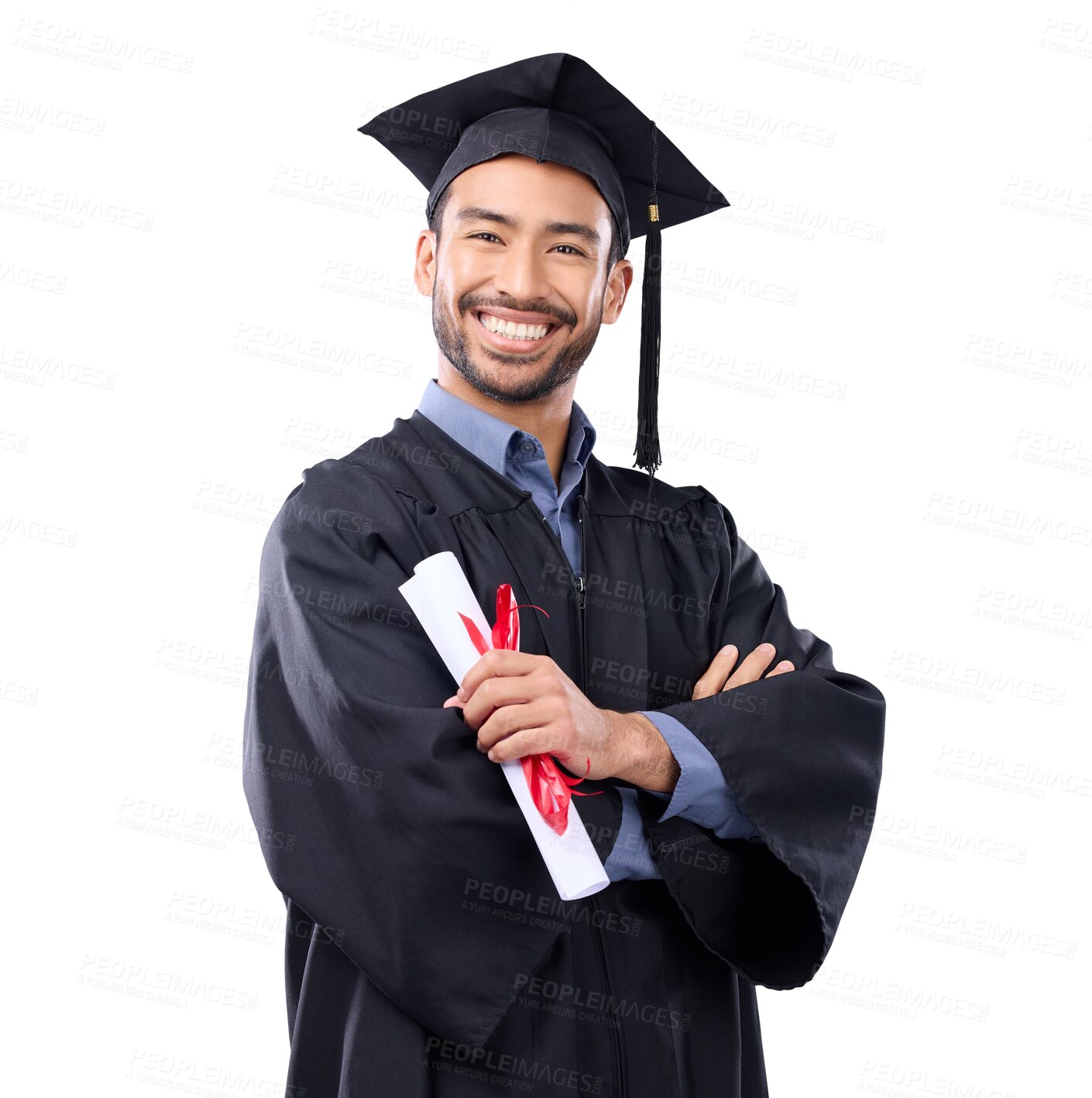 Buy stock photo Portrait, certificate and graduation of Asian man with arms crossed isolated on a transparent png background. Smile, confident graduate and university student with diploma for education achievement.