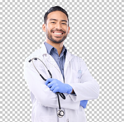 Buy stock photo Doctor, health and man, stethoscope and arms crossed with confidence in portrait isolated on transparent png background. Asian male physician, medical professional and healthcare, smile and medicine