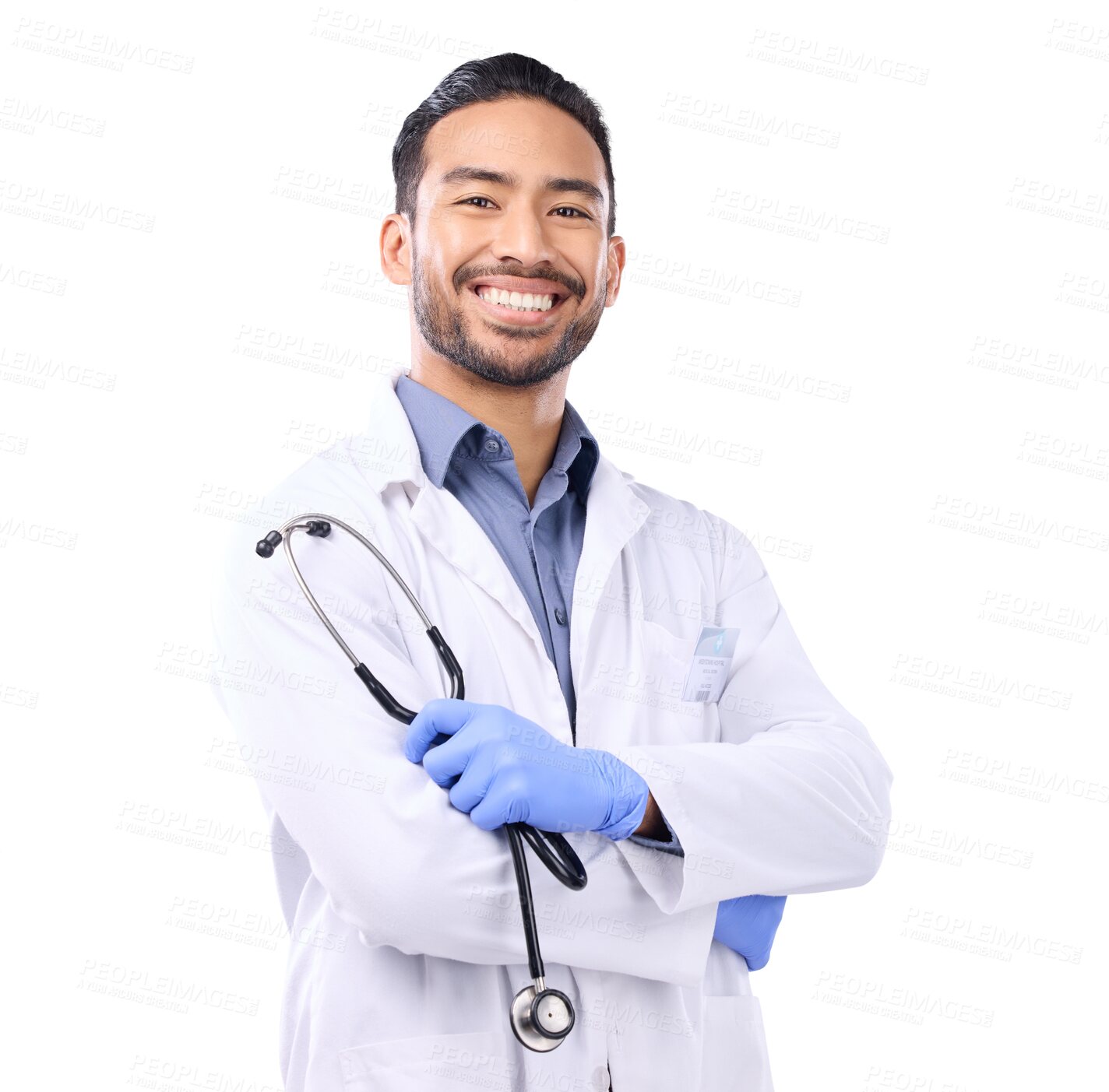 Buy stock photo Doctor, health and man, stethoscope and arms crossed with confidence in portrait isolated on transparent png background. Asian male physician, medical professional and healthcare, smile and medicine