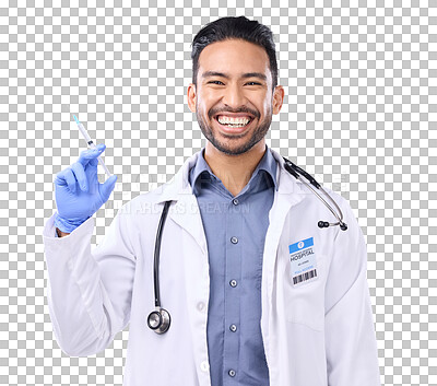 Buy stock photo Portrait, happy man and doctor with needle, health and vaccine isolated on transparent png background. Male physician, excited and healthcare, safety from virus and syringe, injection and medicine