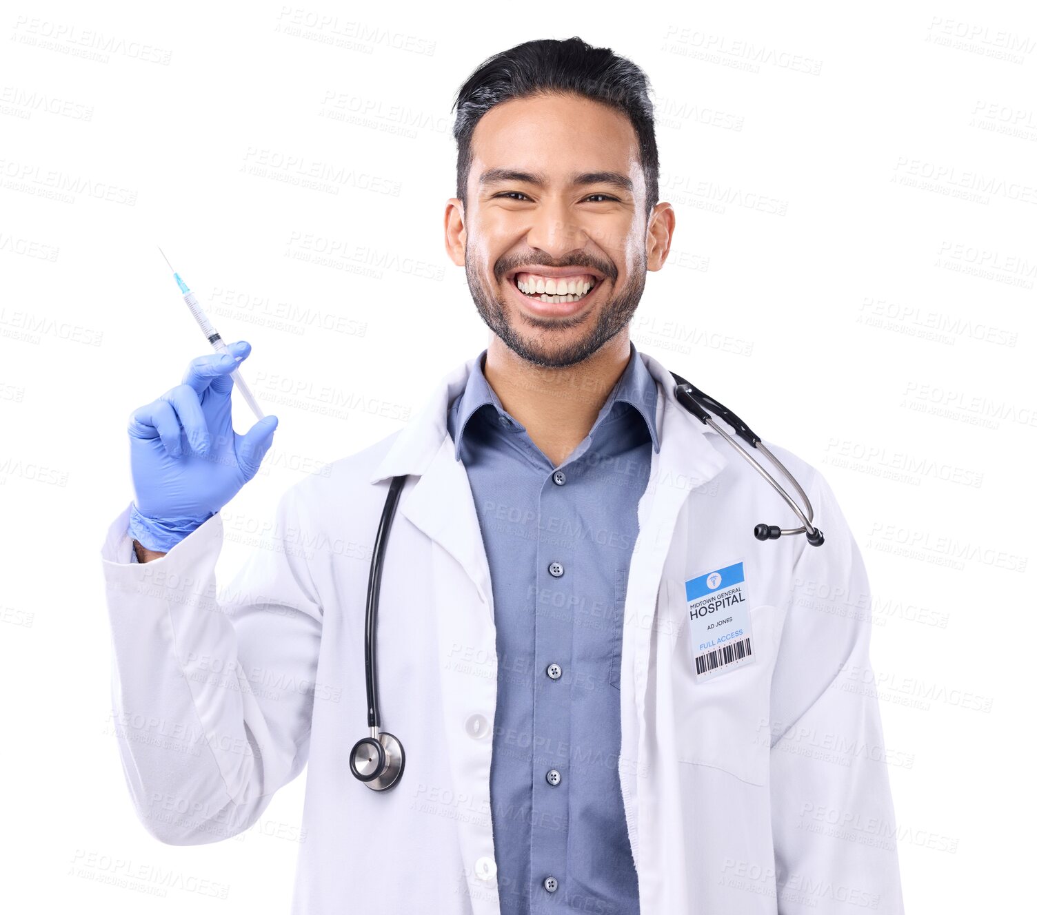 Buy stock photo Portrait, happy man and doctor with needle, health and vaccine isolated on transparent png background. Male physician, excited and healthcare, safety from virus and syringe, injection and medicine